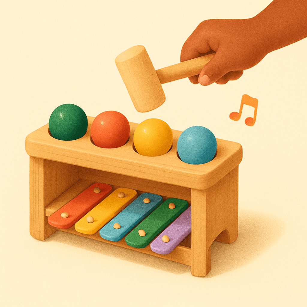 Hape Pound & Tap Bench with Slide Out Xylophone — wooden pounding bench with colorful balls and xylophone