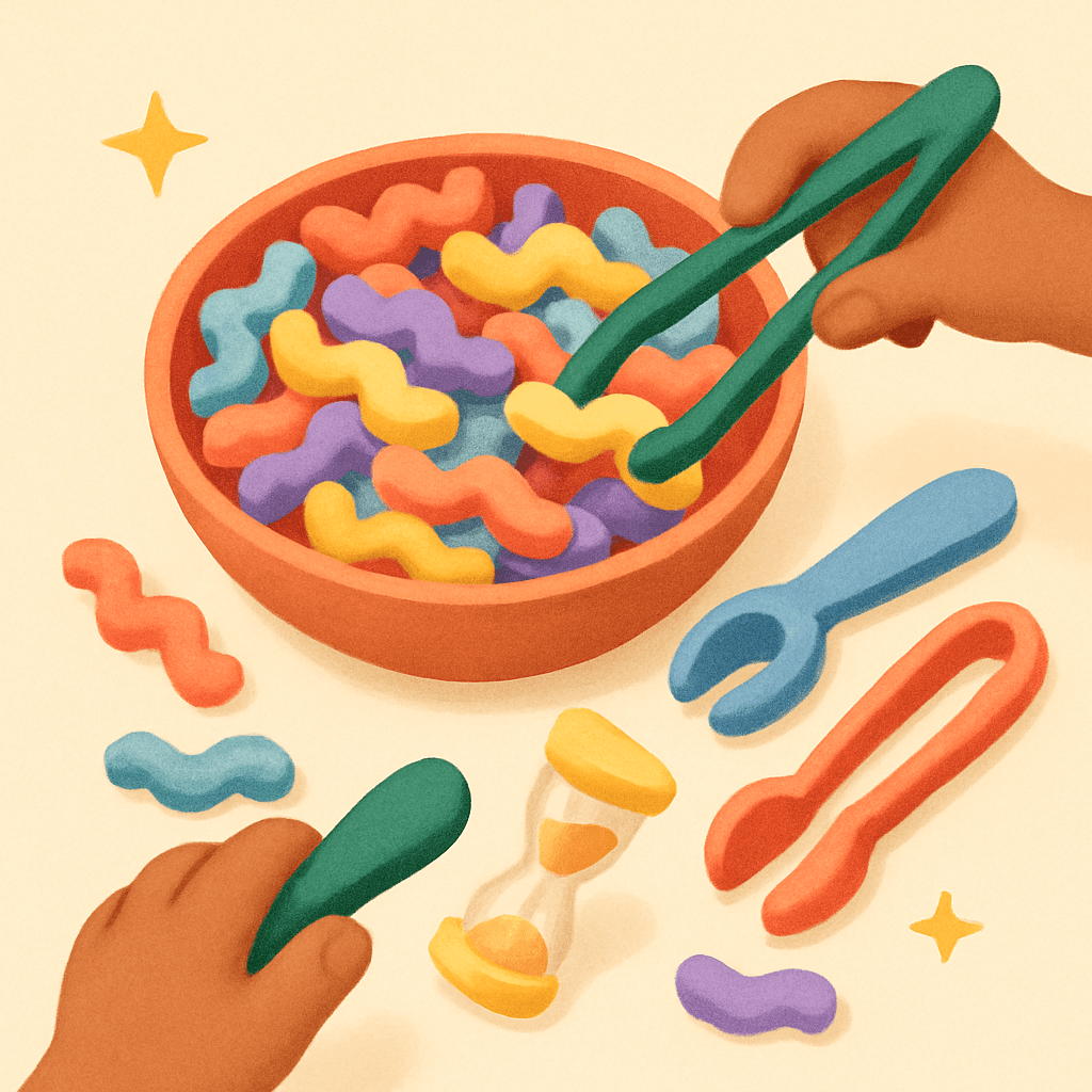 Learning Resources Noodle Knockout Fine Motor Game — noodles, tongs, and game tray